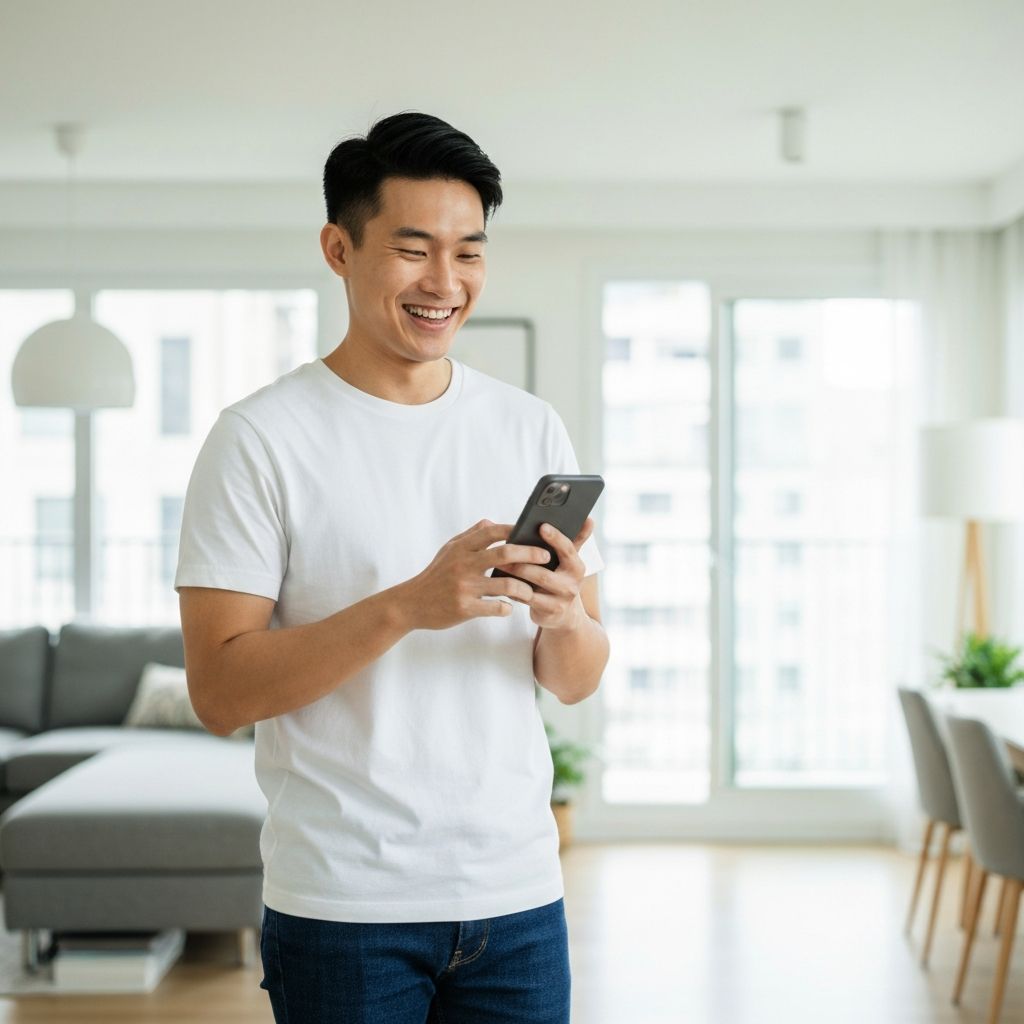 Person happily using their phone to complete tasks